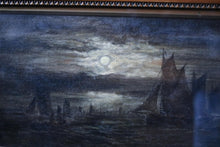 Load image into Gallery viewer, Antique 19th.C Boats at Moonlight Oil on Canvas Painting - 22&quot; x 14&quot;
