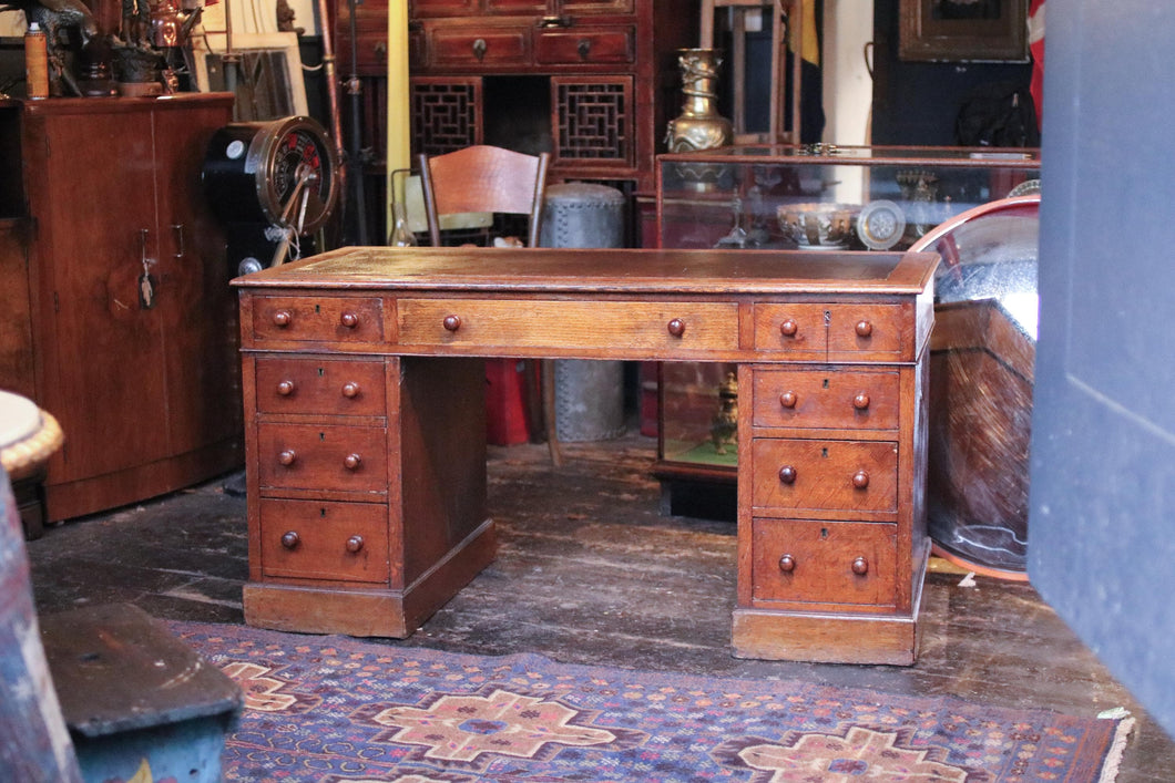 19th Century Oak Leather Top Pedestal Desk