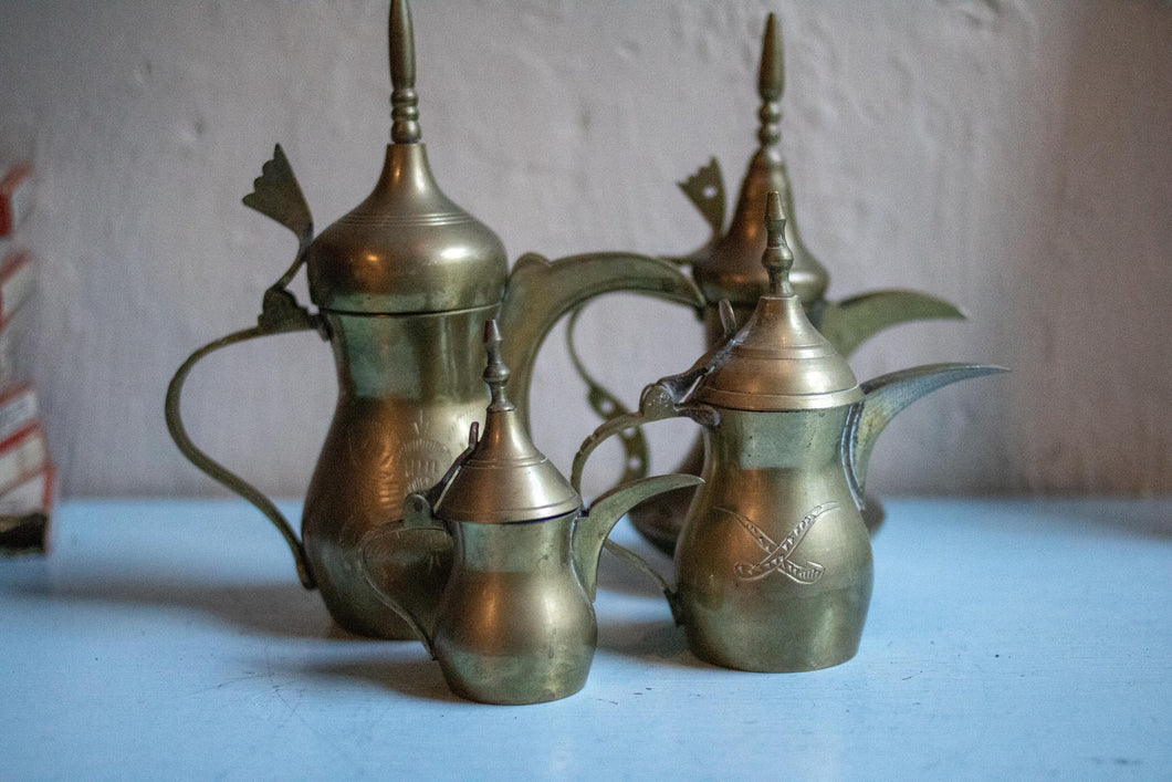 Collection of Small Vintage Middle Eastern Brass Dallah Coffee Pots