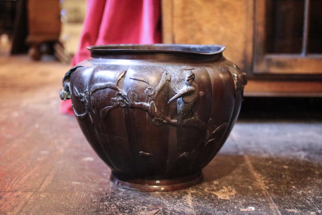 Antique Japanese Meiji Lobed and Decorated Bronze Jardinière Plant Pot