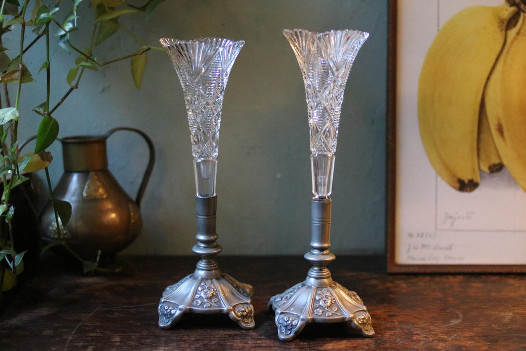 Pair of Antique Cut Glass Flower Vases