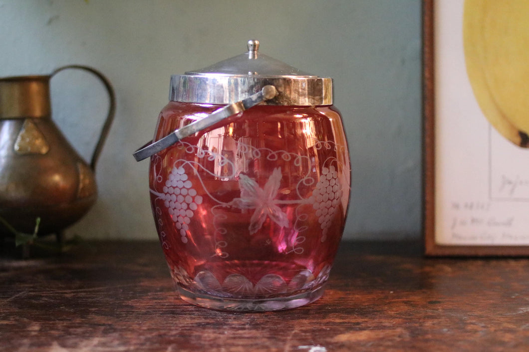 Victorian Cranberry Glass Biscuit Barrel