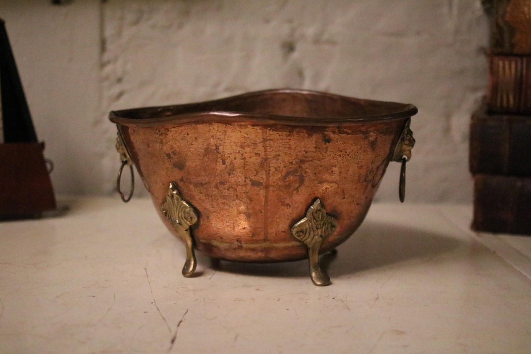 Vintage Oval Copper and Brass Planter on Paw Feet with Ring Handles