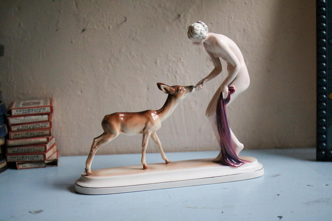 Art Deco C.1930 Katzhutte Figurine Nude Girl Feeding Deer