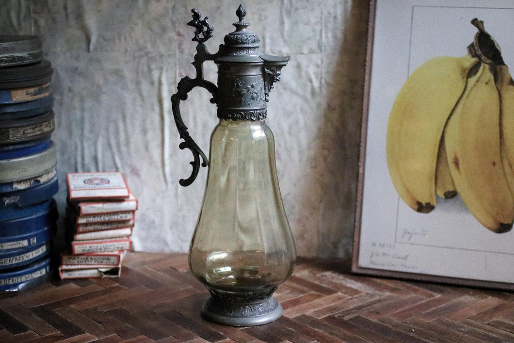 Antique Baroque  Glass and Pewter Carafe / Wine Decanter