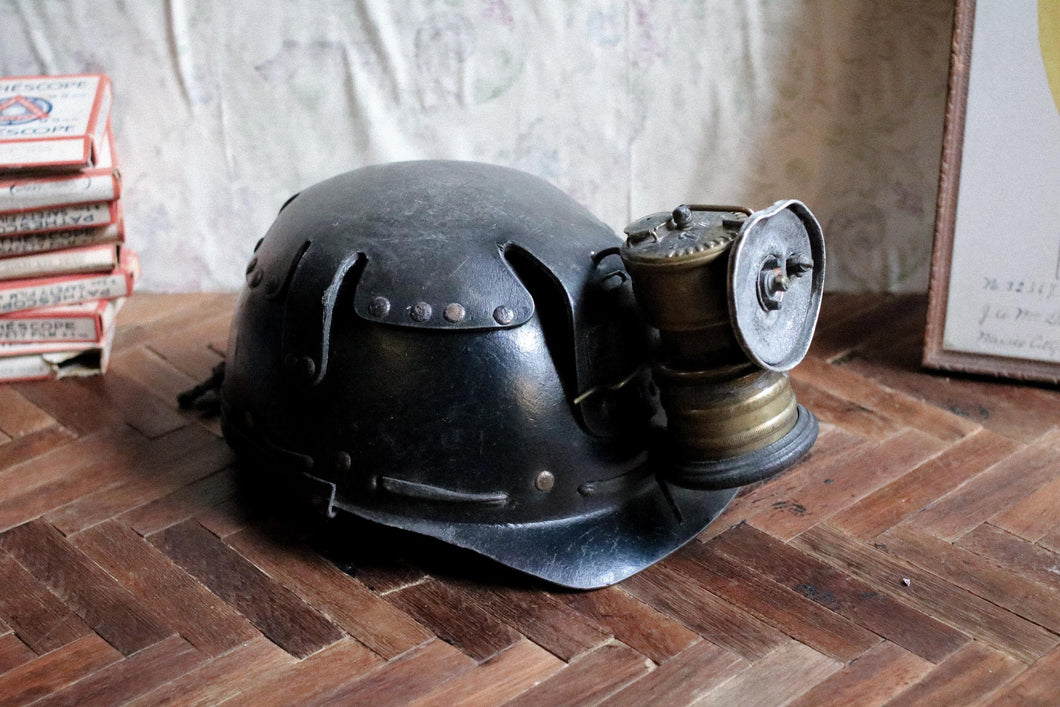 Antique Leather Miners Hat and Carbide Lamp