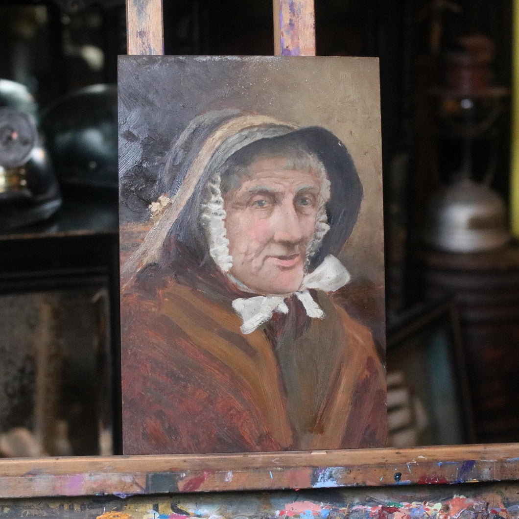 Antique Oil on Board Painting of Elderly Woman