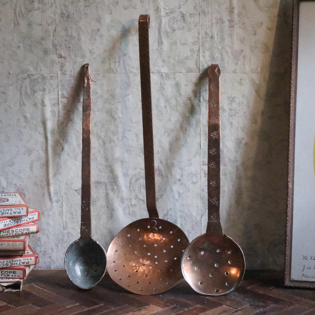 Pair of Rustic French Antique Copper Strainers and Ladle