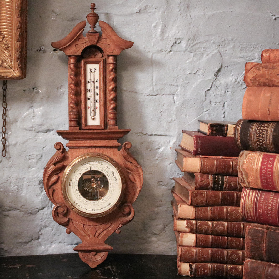 Vintage Carved Oak Barometer / Thermometer