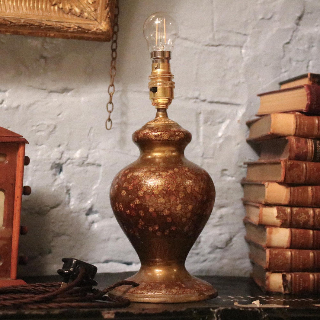 Vintage Heavyweight Rewired Chinese Brass and Enamel Table Lamp