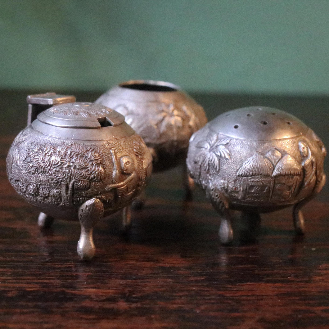 Antique Burmese Silver Condiment Pots / Set