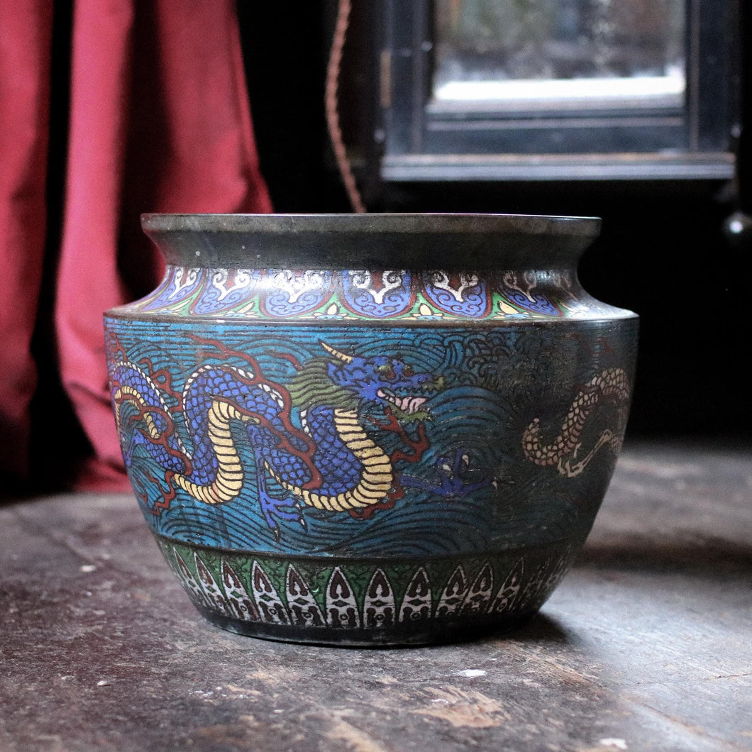 Late 19th.C Japanese Champleve Bronze Cloisonné Jardiniere Plant Pot