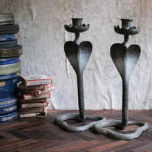 Load image into Gallery viewer, Pair of Early 20th.C Moroccan Brass Cobra Candlesticks
