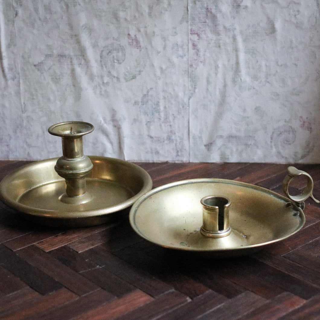 Pair of Antique Brass Chamber Stick Candlestick Candle Holders