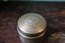 Load image into Gallery viewer, Islamic Brass Lidded Trinket Box With Silver And Copper Inlaid Calligraphy
