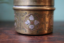 Load image into Gallery viewer, Islamic Brass Lidded Trinket Box With Silver And Copper Inlaid Calligraphy
