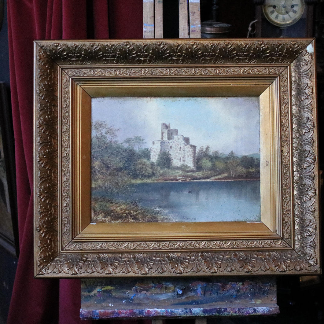 Antique 19th.C Scottish Landscape Painting - Castle and Lock - Oil on Canvas - 35.5