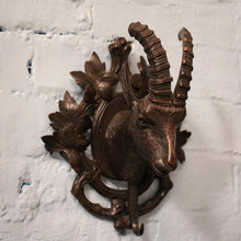 Load image into Gallery viewer, Antique 19th Century Swiss Black Forest Carved Mounted Deer / Ibex Head Coat Hook

