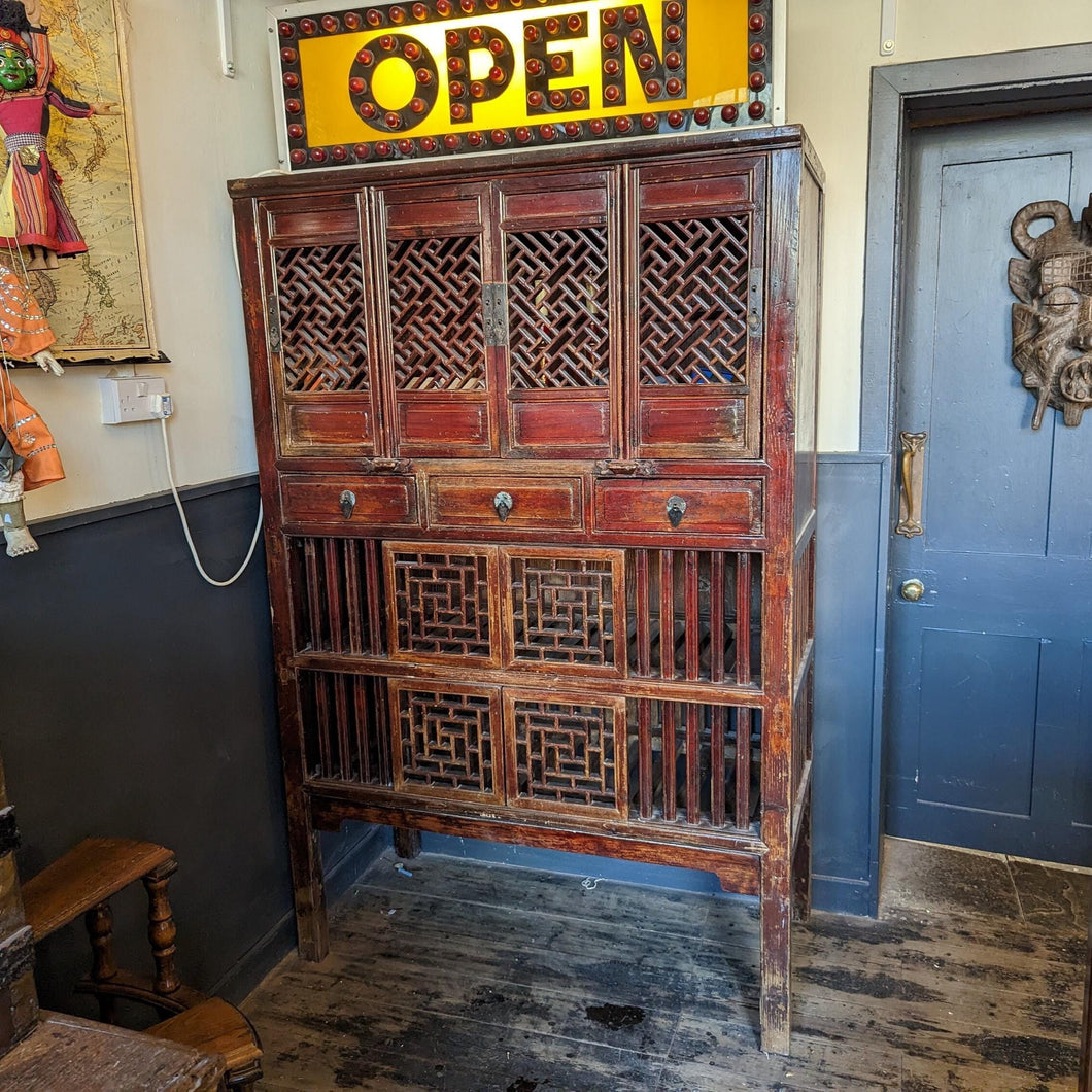 Antique Chinese Red Lacquered Elm Noodle Cabinet