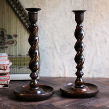 Load image into Gallery viewer, Antique English Oak Barley Twist Candle Sticks
