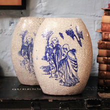 Load image into Gallery viewer, Pair of Crackle Glaze Blue &amp; White Vases with Monks – 20th Century
