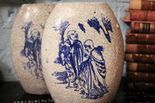 Load image into Gallery viewer, Pair of Crackle Glaze Blue &amp; White Vases with Monks – 20th Century
