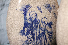Load image into Gallery viewer, Pair of Crackle Glaze Blue &amp; White Vases with Monks – 20th Century
