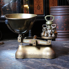 Load image into Gallery viewer, Antique Brass Balance Scales by W &amp; T Avery Ltd with Full Set of Weights - Grocers Scales
