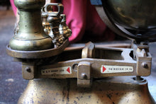 Load image into Gallery viewer, Antique Brass Balance Scales by W &amp; T Avery Ltd with Full Set of Weights - Grocers Scales
