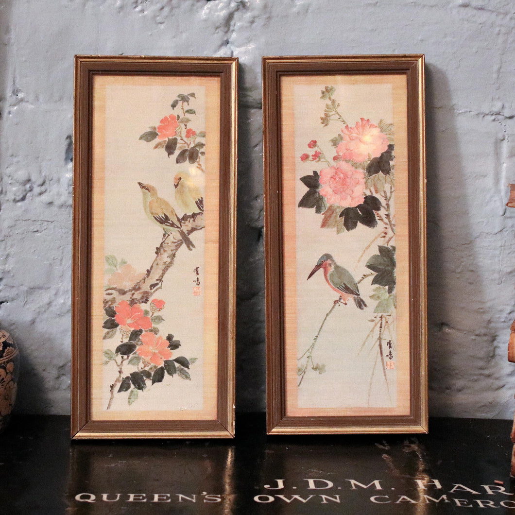 Pair of Framed Vintage Japanese Bird & Flower Prints