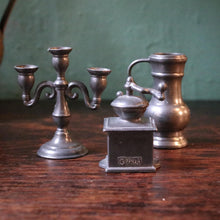 Load image into Gallery viewer, Miniature Pewter Kitchen Set – Coffee Grinder, Candelabra &amp; Jug
