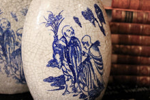 Load image into Gallery viewer, Pair of Crackle Glaze Blue &amp; White Vases with Monks – 20th Century
