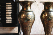Load image into Gallery viewer, Pair of Antique Indian Brass Vases with Engraved Motifs – 10.5" Tall
