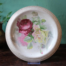 Load image into Gallery viewer, Antique Floral Charger Plate – Hand Painted Roses with Basketweave Rim (12")
