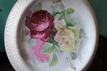 Load image into Gallery viewer, Antique Floral Charger Plate – Hand Painted Roses with Basketweave Rim (12")
