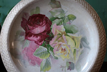 Load image into Gallery viewer, Antique Floral Charger Plate – Hand Painted Roses with Basketweave Rim (12")

