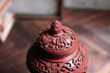 Load image into Gallery viewer, Vintage Chinese Cinnabar Lacquer Vase with Lid – Hand Carved Floral Motif
