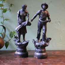 Load image into Gallery viewer, Antique Spelter Farmer &amp; Shepherdess Figurines – Rustic Pair with Patina and Character
