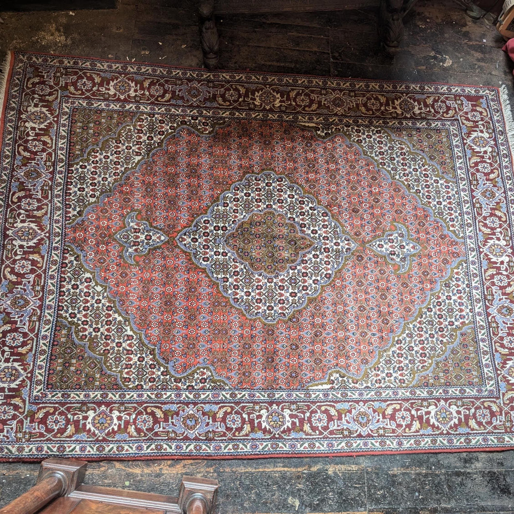 Large Vintage Hand-Knotted Wool Rug – Geometric Medallion & Floral Border – 7'1