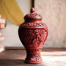 Load image into Gallery viewer, Vintage Chinese Cinnabar Lacquer Vase with Lid – Hand Carved Floral Motif
