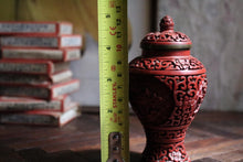 Load image into Gallery viewer, Vintage Chinese Cinnabar Lacquer Vase with Lid – Hand Carved Floral Motif
