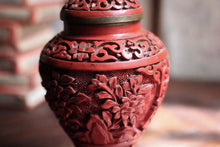 Load image into Gallery viewer, Vintage Chinese Cinnabar Lacquer Vase with Lid – Hand Carved Floral Motif
