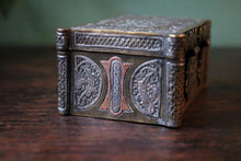 Load image into Gallery viewer, Antique Middle Eastern Brass &amp; Silver Inlaid Box with Arabic Script
