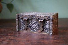 Load image into Gallery viewer, Antique Middle Eastern Brass &amp; Silver Inlaid Box with Arabic Script
