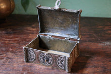 Load image into Gallery viewer, Antique Middle Eastern Brass &amp; Silver Inlaid Box with Arabic Script

