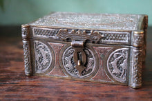 Load image into Gallery viewer, Antique Middle Eastern Brass &amp; Silver Inlaid Box with Arabic Script
