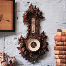 Load image into Gallery viewer, Antique Black Forest Barometer with Thermometer – Carved Wood Floral Design – Made in Germany
