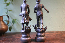Load image into Gallery viewer, Antique Spelter Farmer &amp; Shepherdess Figurines – Rustic Pair with Patina and Character
