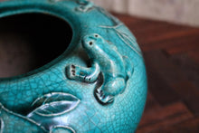 Load image into Gallery viewer, Antique Chinese Turquoise Crackle Glaze Jar with Frogs &amp; Lizards – Handcrafted Ceramic
