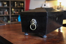 Load image into Gallery viewer, Antique Georgian Ebonised Tea Caddy with Lion Mask Handles – 19th Century Black Wooden Tea Box
